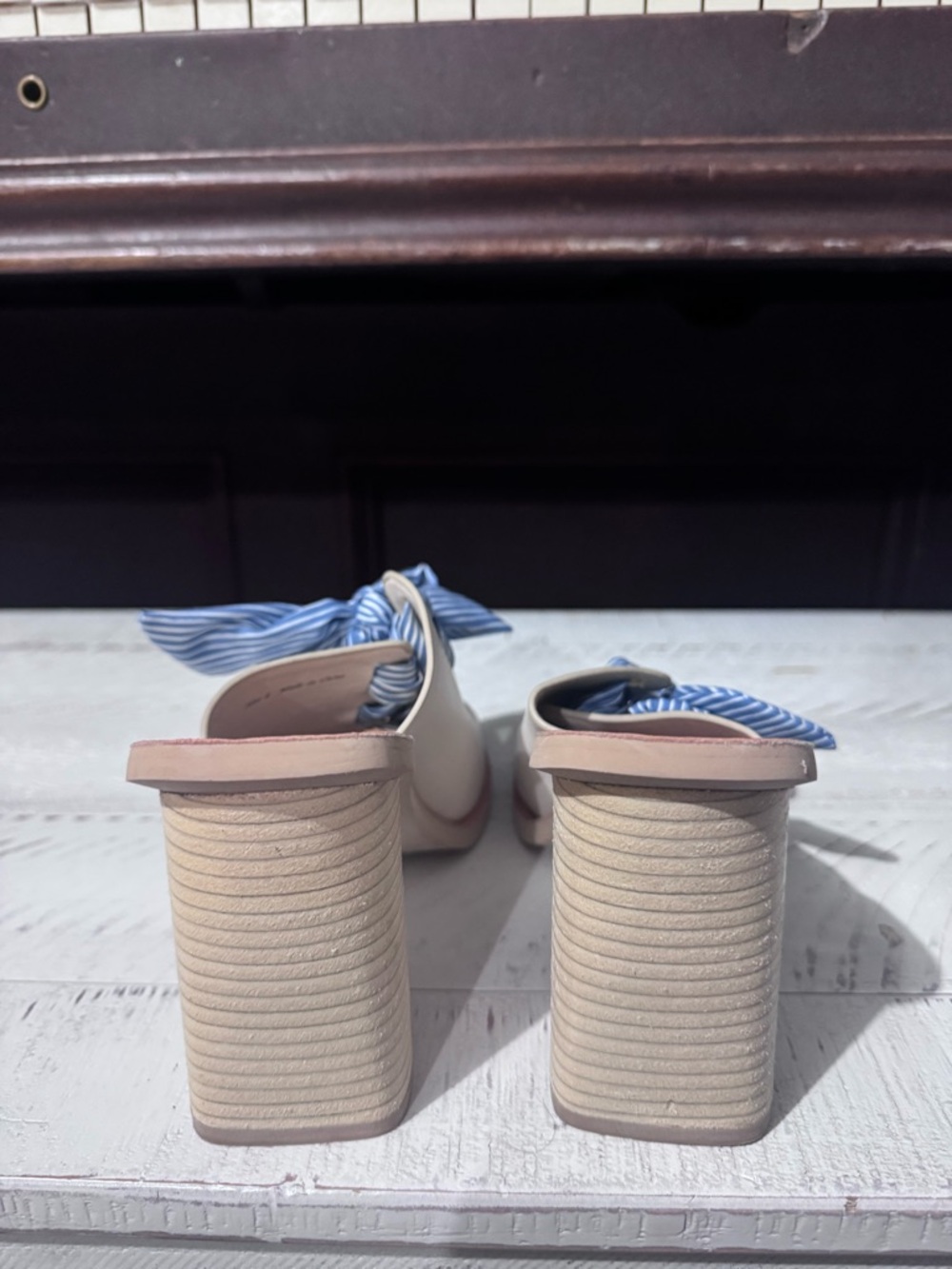 Dolce Vita Cream Slide Mules with Blue Striped Bow - Picture 3 of 4